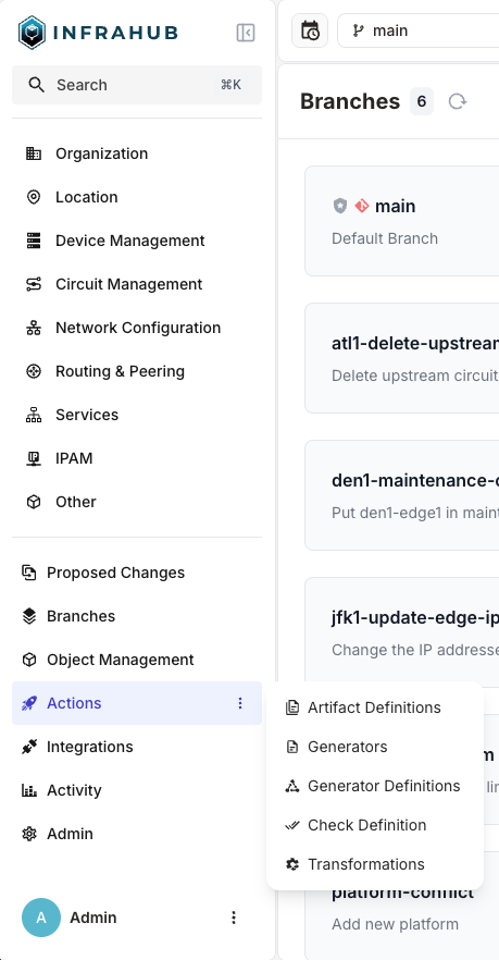 "Example screenshot of Infrahub 1.2 showing the new builtin menu."